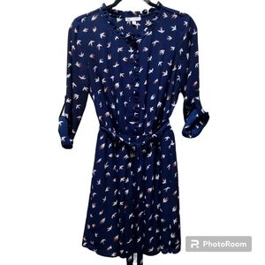 XS Bird Print Midi Dress Contemporary Office 3/4 Sleeve